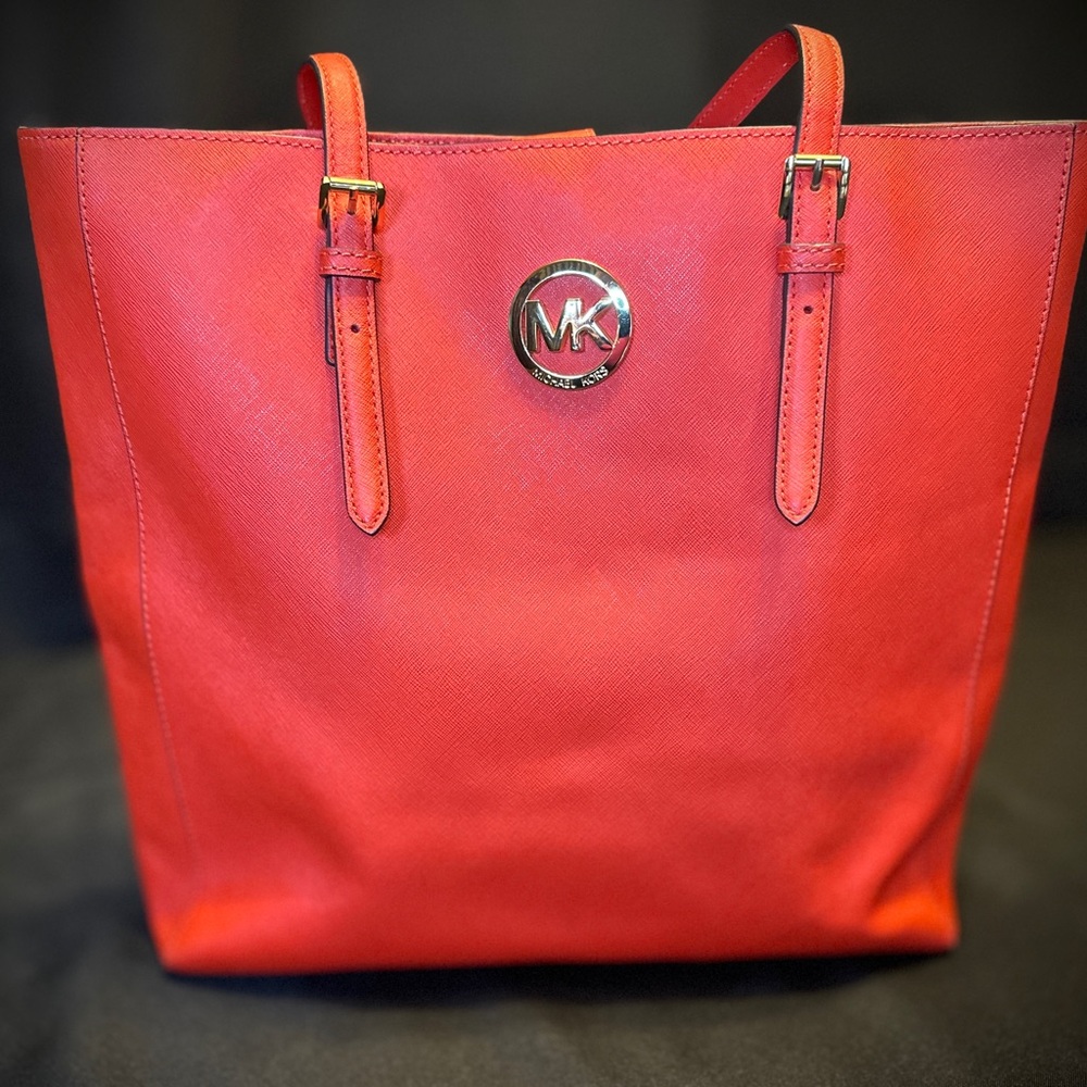 Michael Kors Red Leather Tote with Silver Hardware